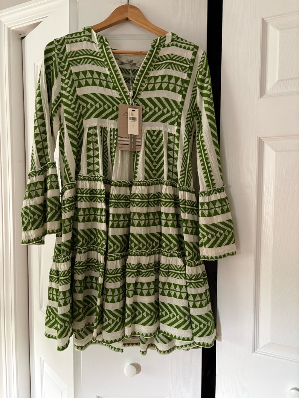 Devotion Twins Green and White Geometric Tiered Dress